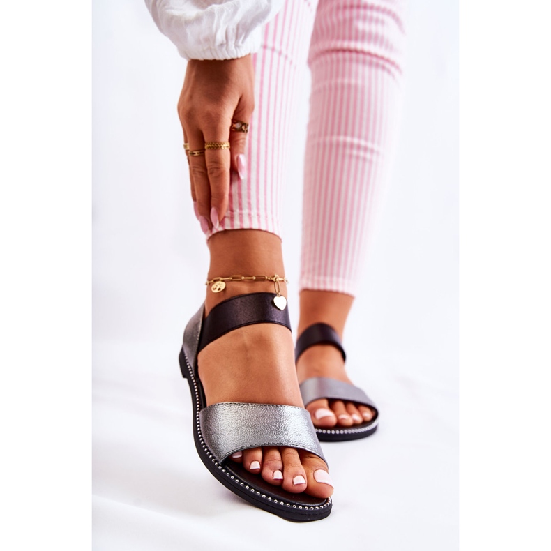 S.Barski Klassiset sandaalit nappeilla Tumma hopea Shelly musta 1