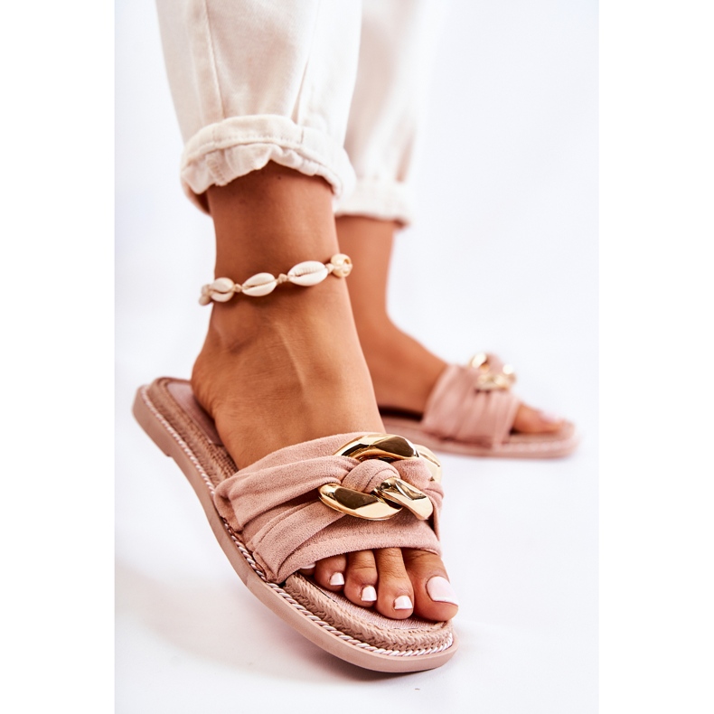 FK1 Mokkanahkaiset tossut koristeellisella ketjulla Pink Louie vaaleanpunainen 2