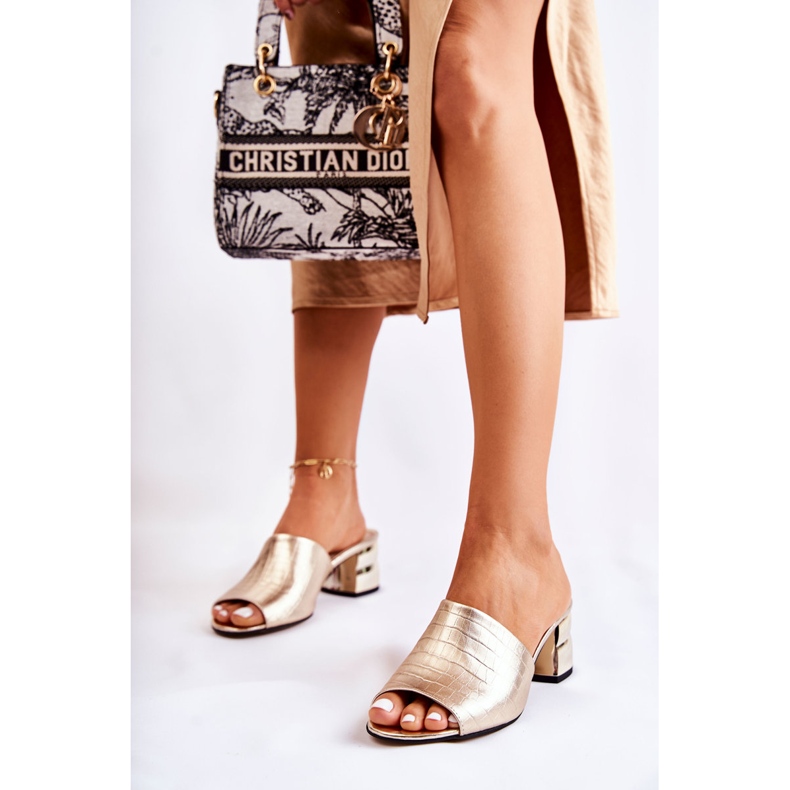 PA2 Naisten nahkaiset tossut krokotiilikuvioinen kantapäässä Golden Perry kultainen 1