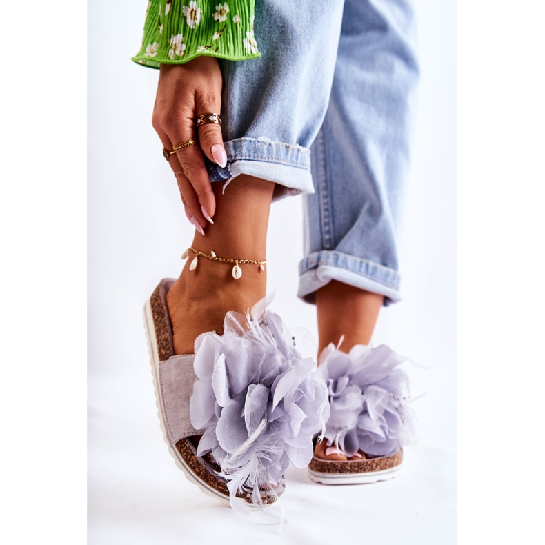 PS1 Naisten mokkanahkaiset tossut, joissa koristeellinen kukkaharmaa alimos 1