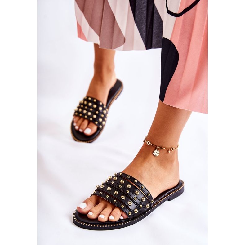 S.Barski Naisten nahkaiset tossut mustalla Brien-koristeella 1