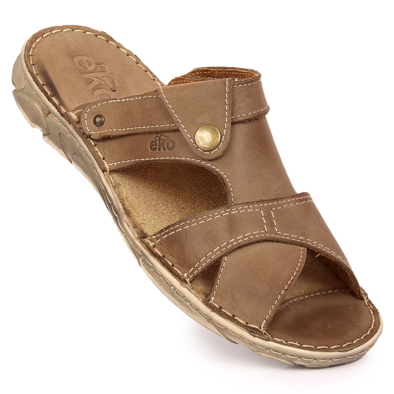 Ruskeat nahkaiset miesten EKO-tossut beige 1