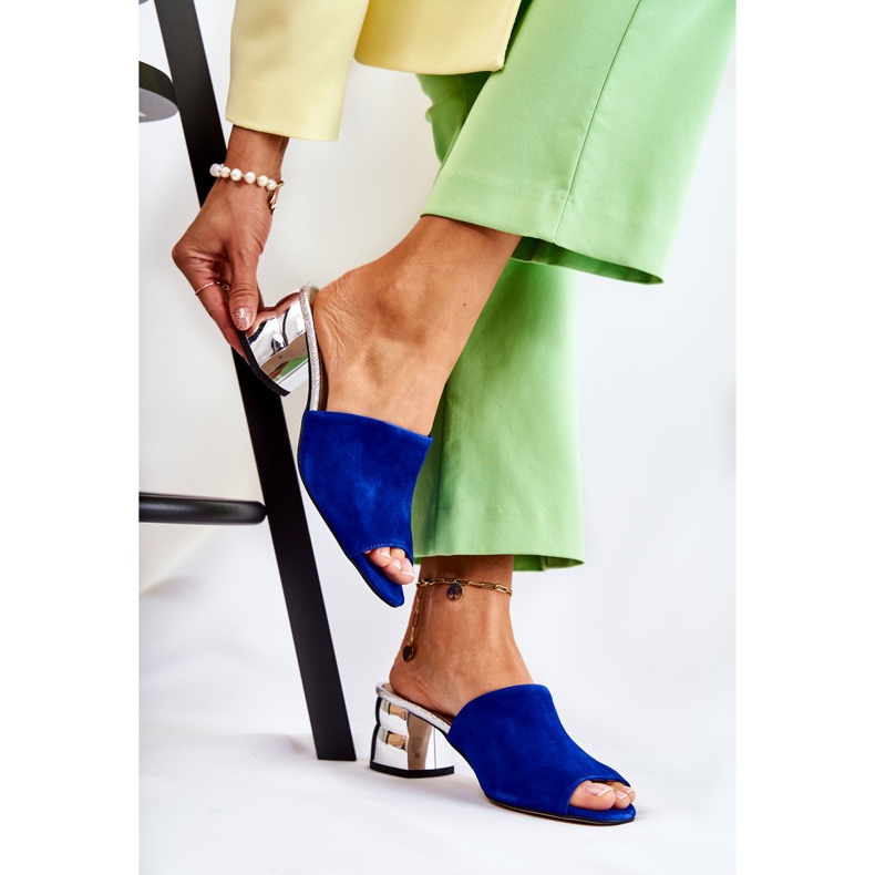 PA2 Naisten mokkanahkaiset tossut kantapäässä laivastonsininen Perry hopea 1