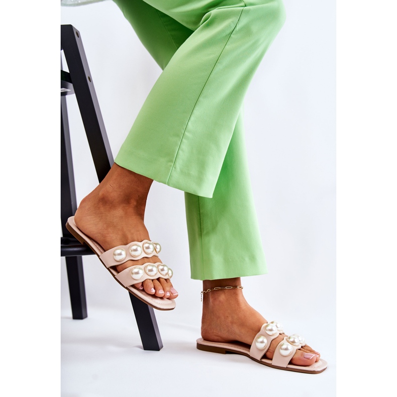 PG1 Naisten nahkaiset tossut koristeellisilla Lasello-helmillä beige 2