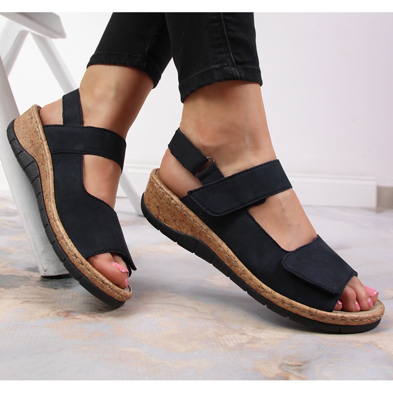 Naisten nahkasandaalit Rieker V7170-14 -kiilalla laivastonsininen 1