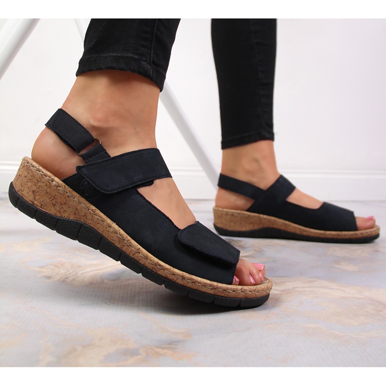 Naisten nahkasandaalit Rieker V7170-14 -kiilalla laivastonsininen 2