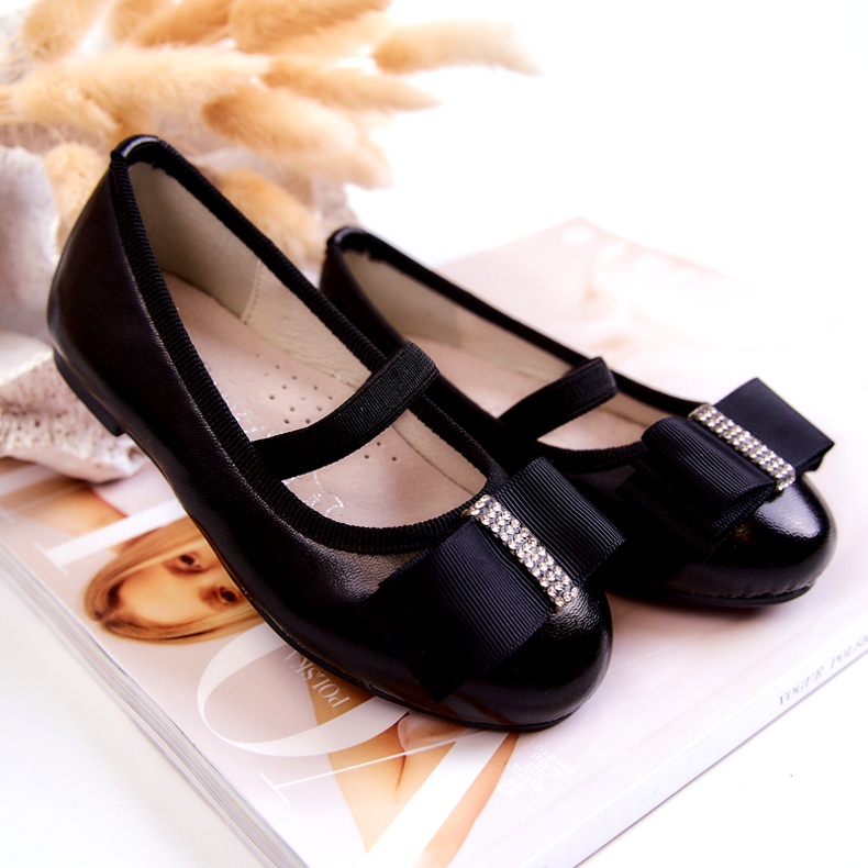 S.Barski Nahkaiset lasten balerinat koristeellisella rusetilla, musta Claril 4