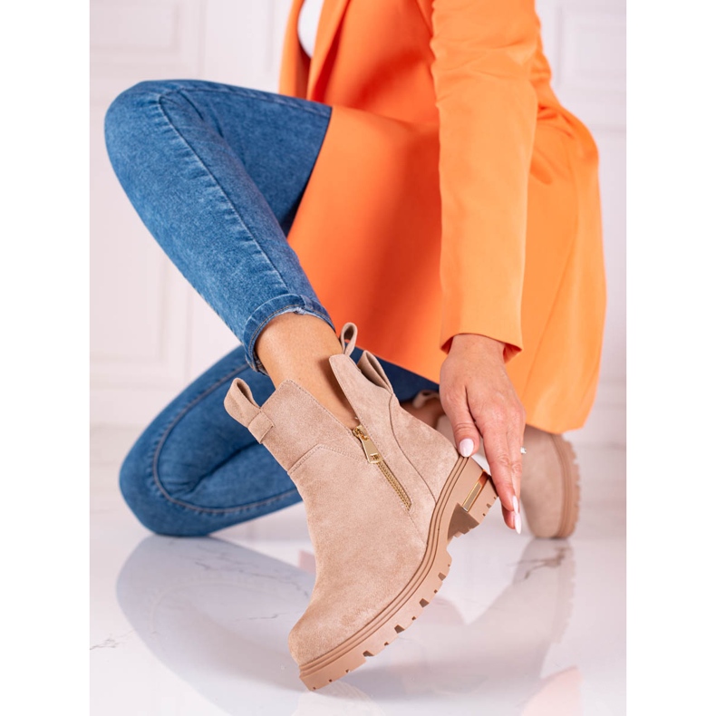 Shelovet naisten matalat saappaat kultaisella vetoketjulla, vaaleanruskea 1