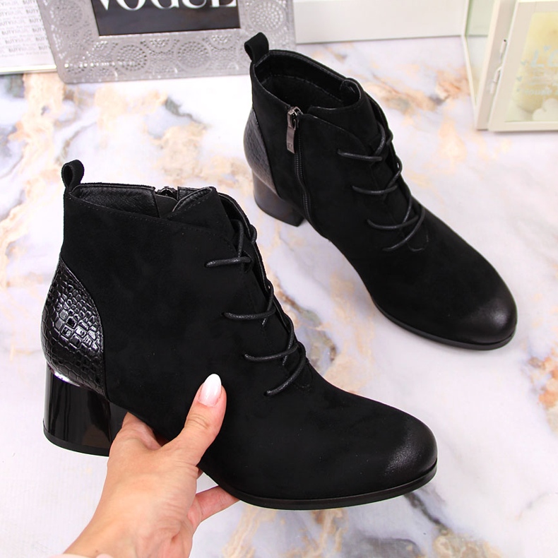 Naisten saappaat, eristetty nauhoitettu eko-mokkanahka, musta Potocki 1