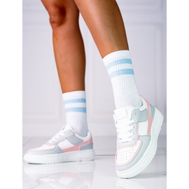 Naisten nauhalliset tennarit Shelovet-alustalla ekologisesta nahasta valkoisen ja harmaan vaaleanpunaisena valkoinen monivärinen 2