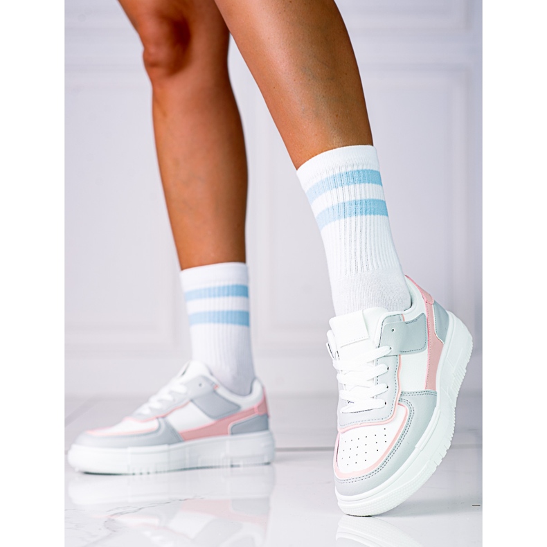 Naisten nauhalliset tennarit Shelovet-alustalla ekologisesta nahasta valkoisen ja harmaan vaaleanpunaisena valkoinen monivärinen 2