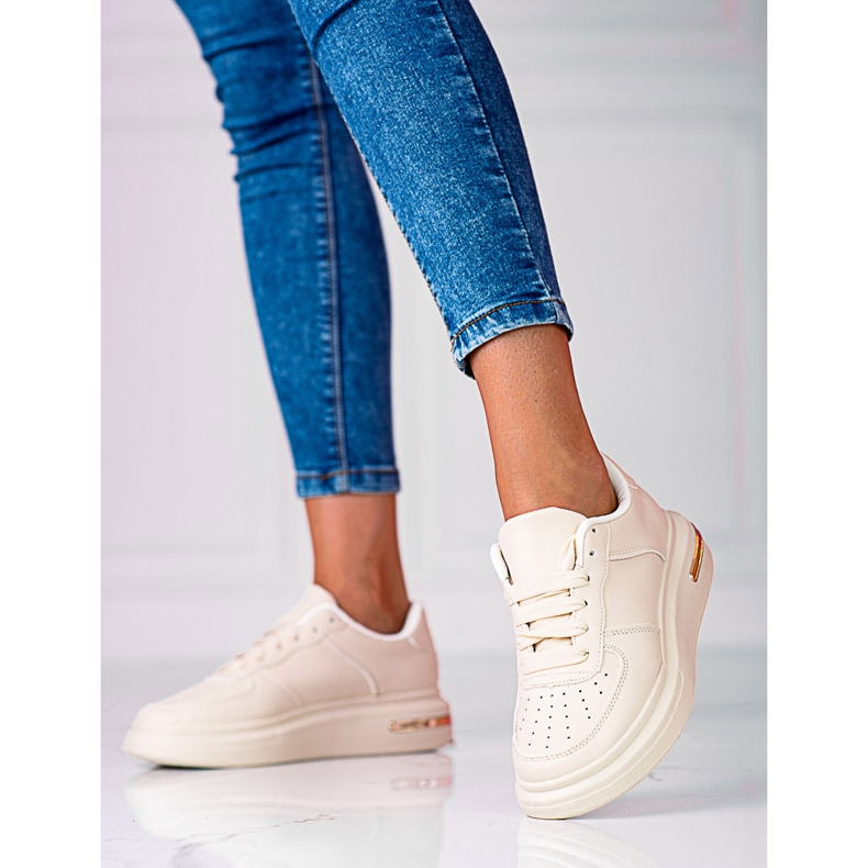 Shelovet valkoiset nauhalliset urheilukengät ekologisesta nahasta, beige 1