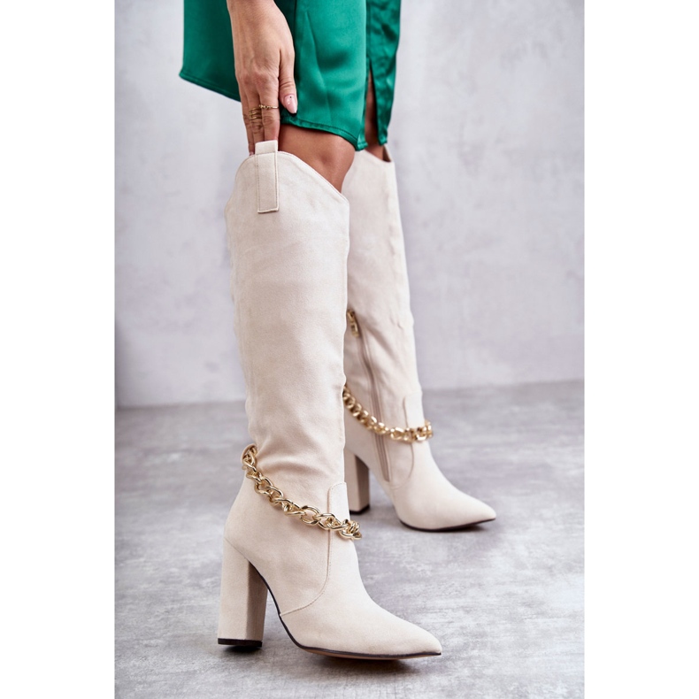 PG1 Naisten mokkanahkaiset lämpimät saappaat ketjulla Vaaleanbeige Jasmin 1