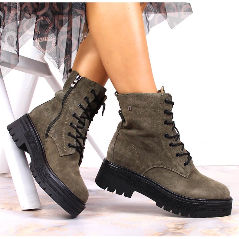 Naisten nahkaiset mokkaeristetyt khaki Filippo-saappaat vihreä 1