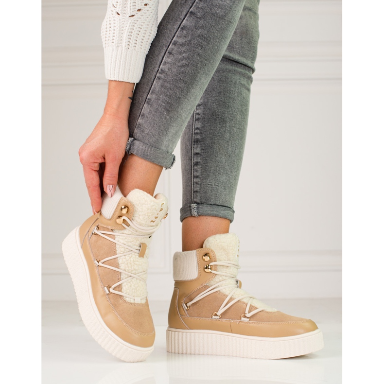 Naisten beigenväriset nahkaiset lumisaappaat Shelovet alustalla ruskea 1