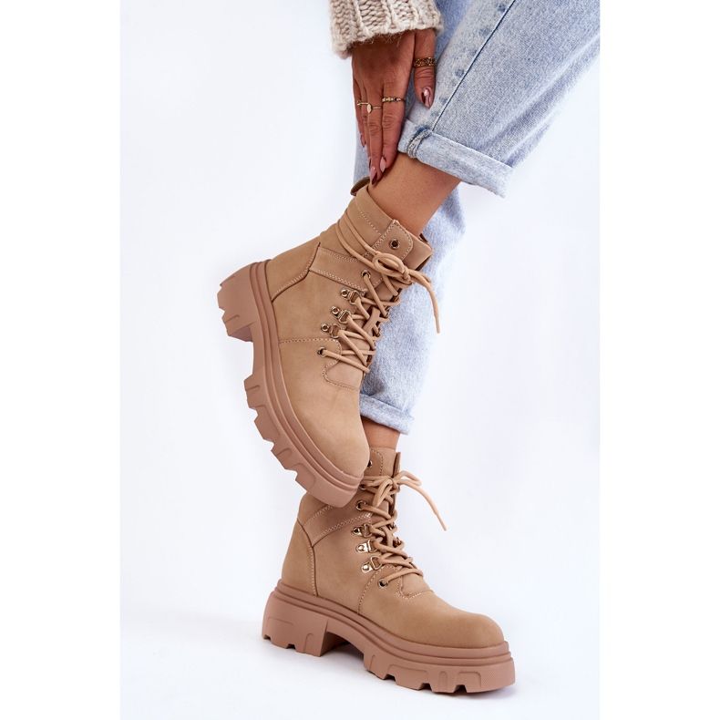 Lämpimät nahkaiset nauhasaappaat beige Merisha 2