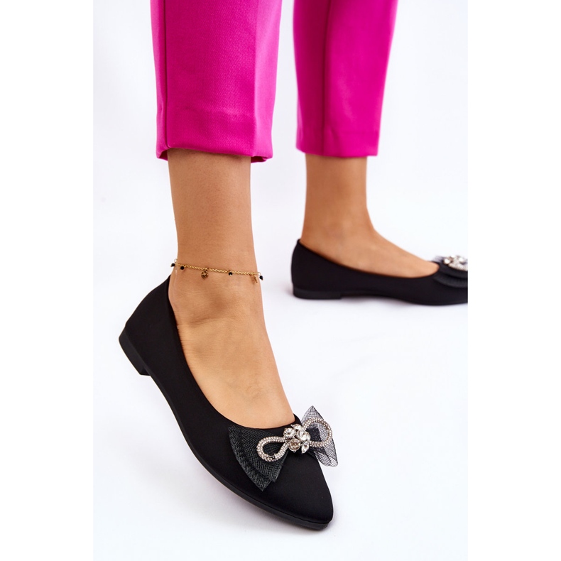 PS1 Naisten teräväkärkiset ballerinat koristeellisella rusetilla, musta valo 2
