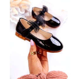 Vinceza Kiiltonahkaiset lasten balerinakengät tarranauhalla ja rusetilla, musta 1