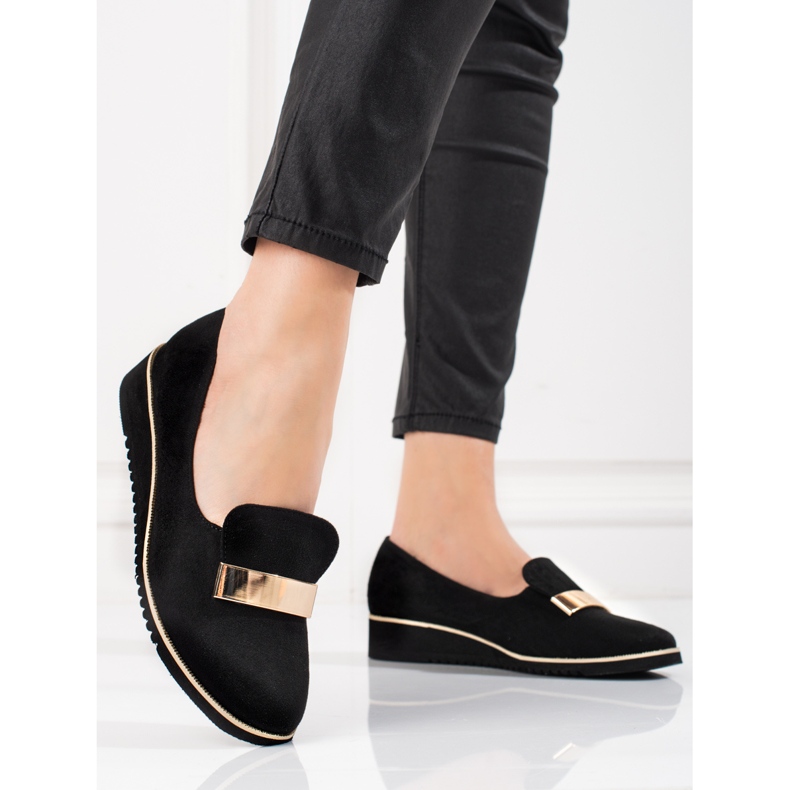 Kevyet naisten kengät Shelovet, jossa kultakoristeet mokkanahkaa musta 1