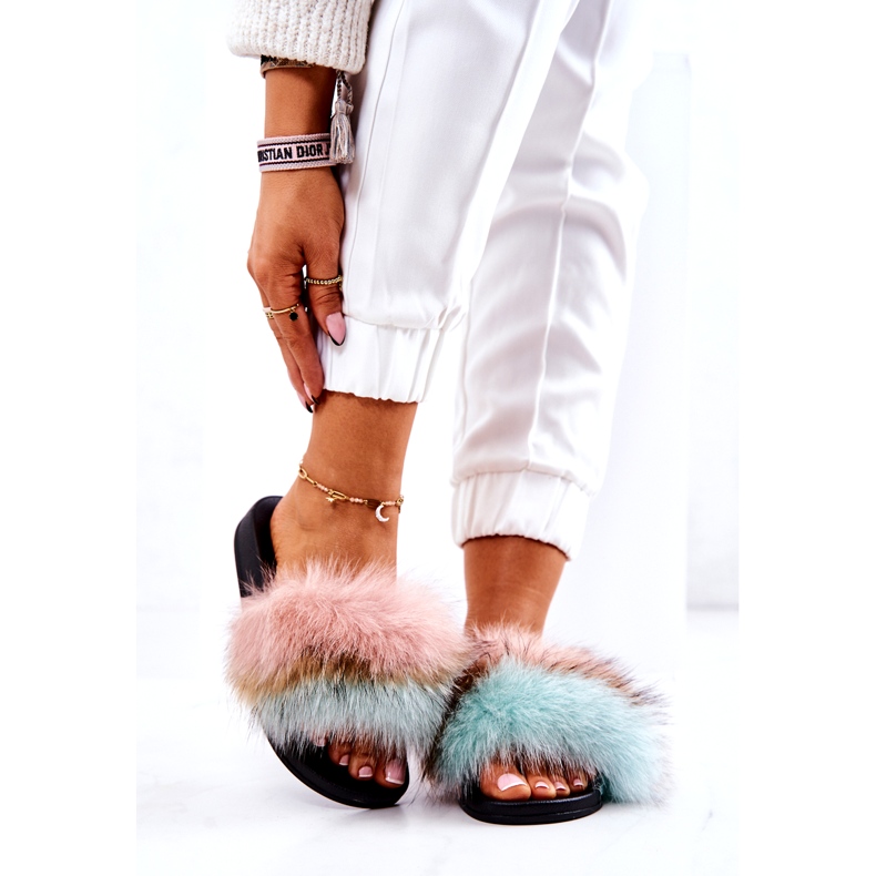 FM1 Tossut luonnonturkista Pinkki-vihreä Naturis vaaleanpunainen monivärinen 2