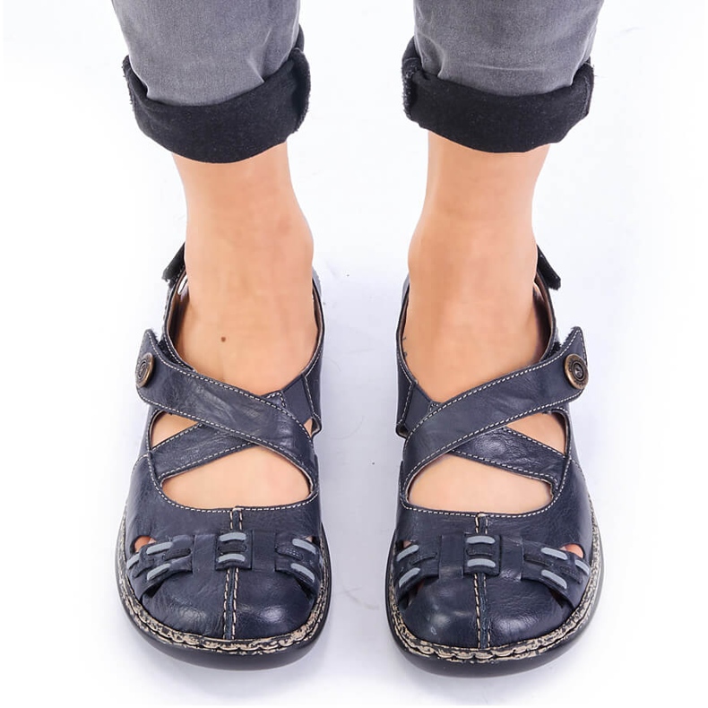 Nahkaiset mukavat naisten sandaalit tarranauhalla laivastonsinisellä Rieker 46377-14 sininen 1