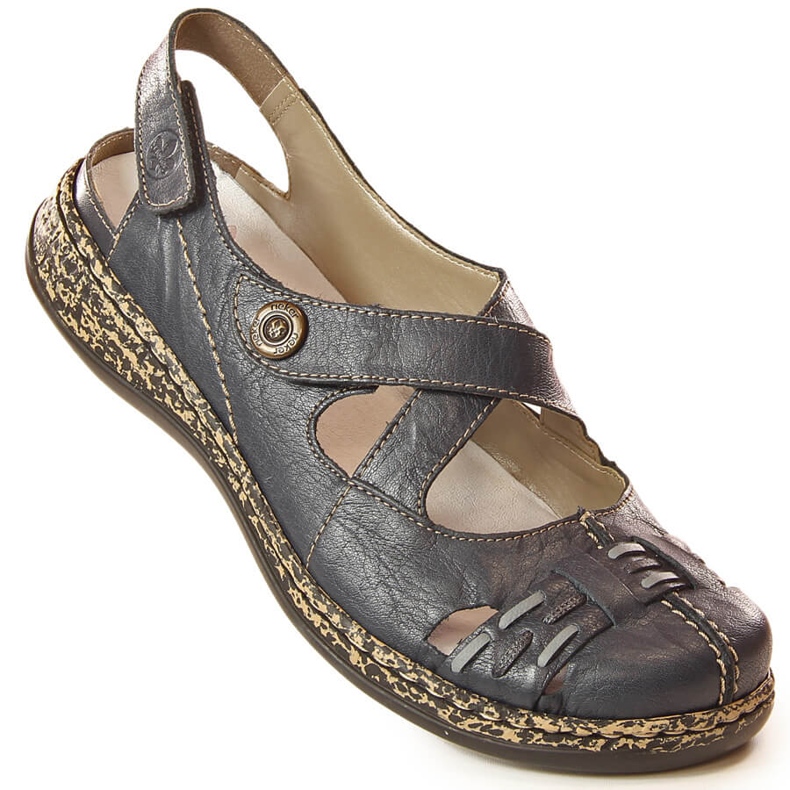 Nahkaiset mukavat naisten sandaalit tarranauhalla laivastonsinisellä Rieker 46377-14 sininen 2