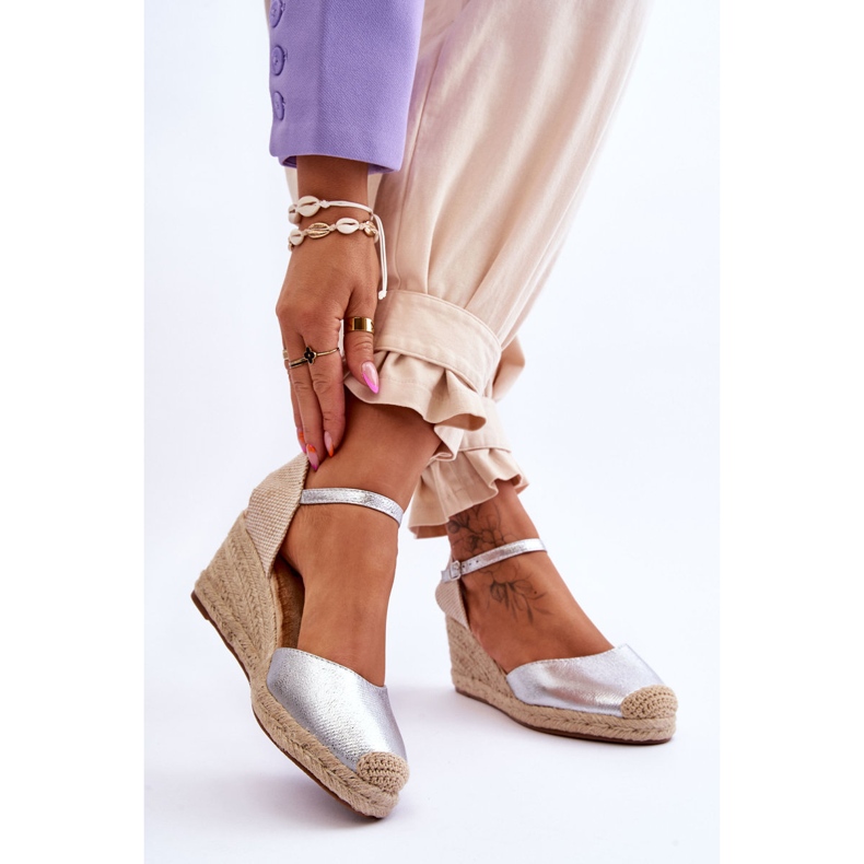 Nahkainen Espadrilles Wedge Sandaalit Hopeakamera 2