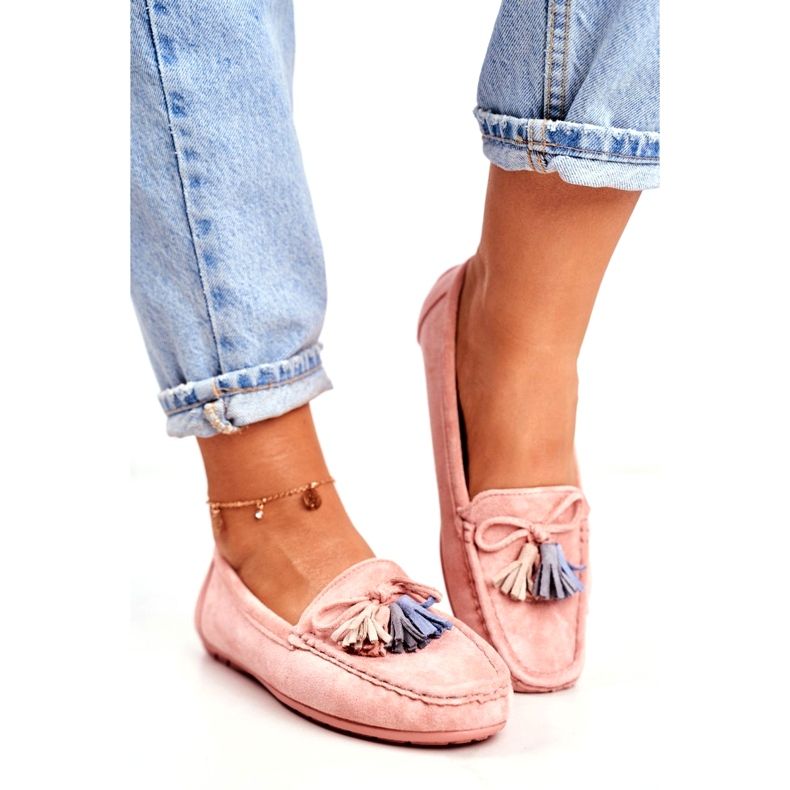 Naisten mokkanahkaiset mokasiinit hapsuilla 20PB35-2003 Pinkki vaaleanpunainen 1