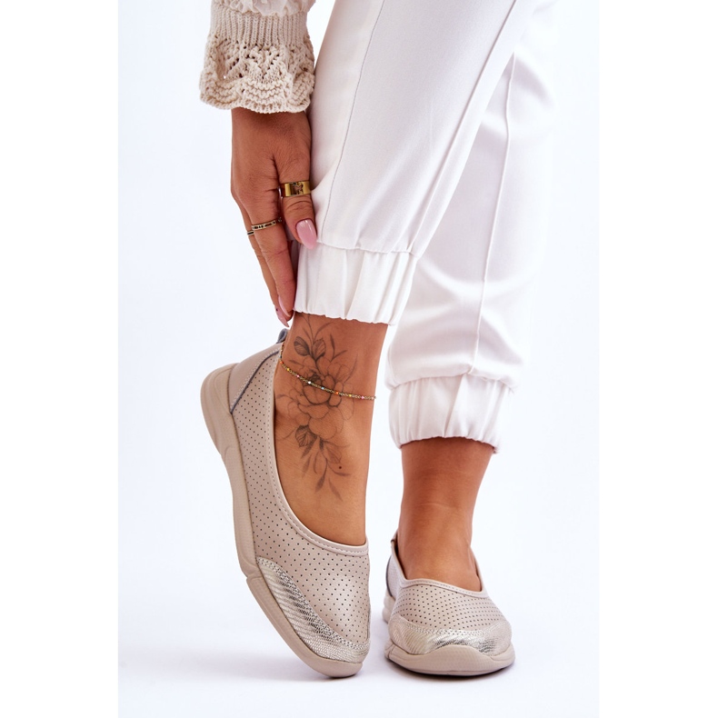 Naisten nahkainen avoin työt beige balleriinit 1