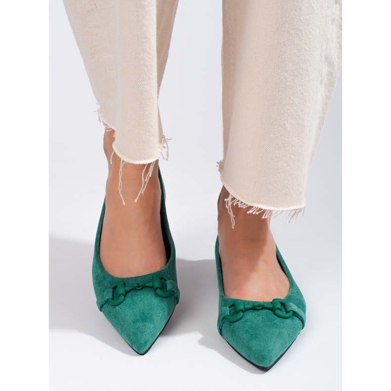 Shelovet naisten vihreät mokkanahkabalerinat 1
