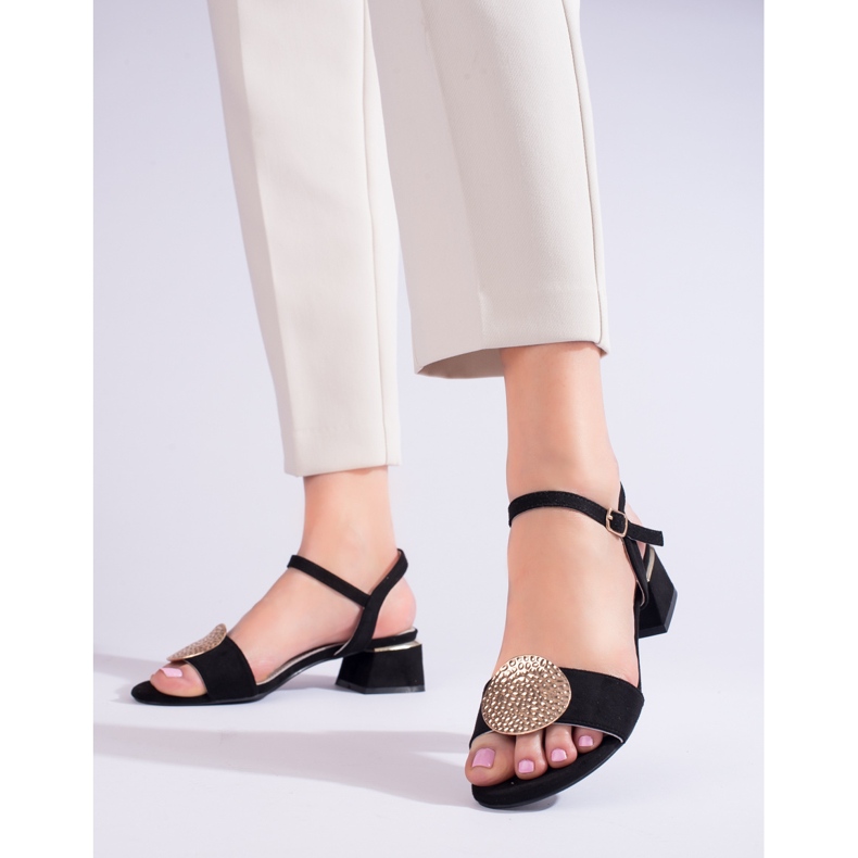 SHELOVET Naisten mustat mokkanahkaiset, matalakorkoiset sandaalit 1