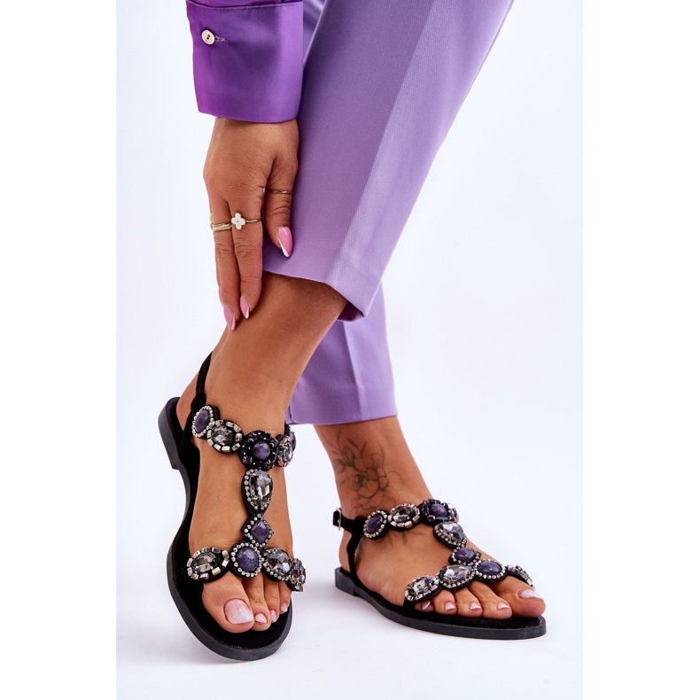 Mustat Dallas mokkanahkaiset litteät sandaalit kivillä 2