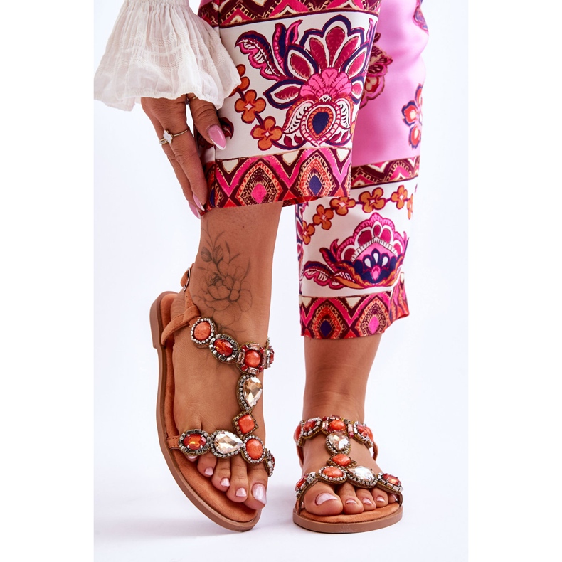 Oranssit Dallas mokkanahkaiset litteät sandaalit kivillä 1