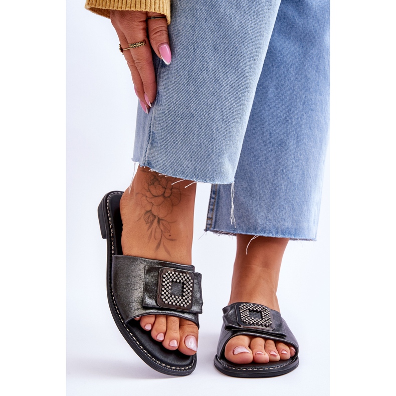 Naisten nahkaiset tossut strassikivillä S.Barski KV-2775-33 Tumma hopea 1