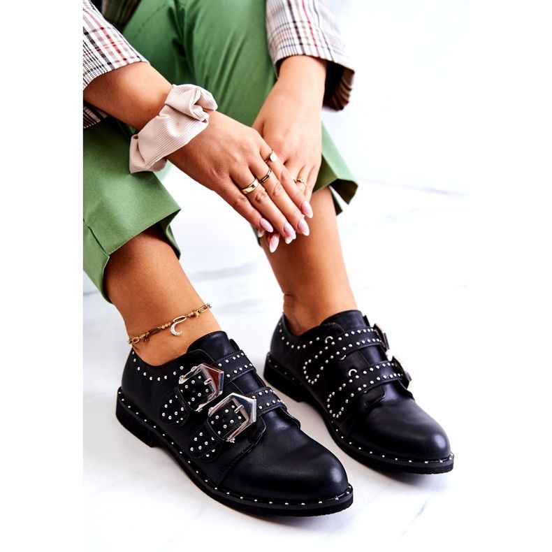 LU BOO Naisten ekosilan kengät soljilla ja nastat mustalla 3