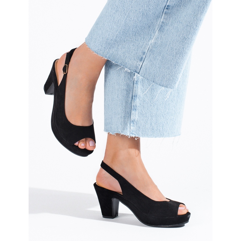 Shelovet mustat mokkanahkasandaalit mukavalla kantapäällä 2