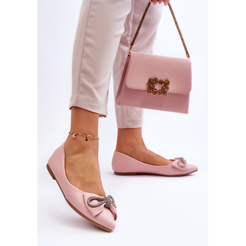 WS1 Tyylikkäät ballerinat, joissa on jousi ja kertaluonteiset vaaleanpunaiset strassit vaaleanpunainen 2